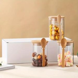 280ml 유리 설탕 용기(스푼 포함) 10oz 유리병(대나무 뚜껑 및 스푼 대나무 보관 용기