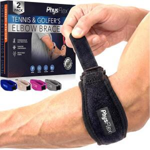 PHYSFLEX 남성 여성용 팔꿈치 보호대 2팩 스트랩 가능한 건염 지지 골퍼의 테니스 위한 패드 팔뚝 조절 힘줄 압박