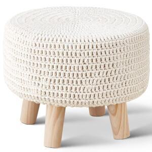 WIMARSBON POUF OTTOMAN 100 니트 보헤미안 거실용 방지 발판 스텝 원형 풋스툴 푸프 다리가 베이지 스툴 레저 핸드메이드 바닥 있는 미끄럼 데코 나무