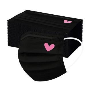 50PCS 귀여운 3겹 분홍색 검은색 인쇄된 일회용 여성 마스크 하트가 청소년을 위한