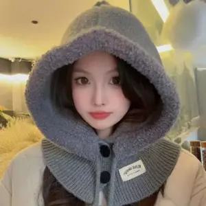 여성 추운겨울 뽀글이 따뜻한 방한 니트 단추 후드 넥워머 귀여운 바라클라바 모자