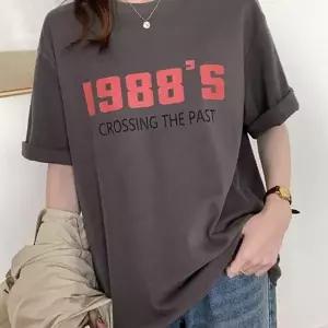 ( )여성 라운드 레터링 기본 반팔 여름 티 셔츠 차콜