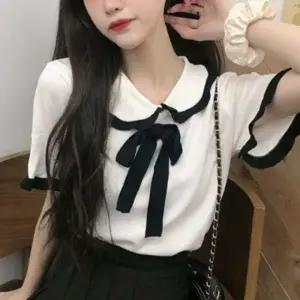 카라 여성 반팔티 레이스 리본 여성 반팔 티셔츠 반팔티 라운드티 여자 여성 셔츠 면티 오버핏 무지
