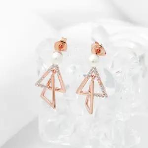 [룽스_62]큐빅 진주 더블트라이 일자침 드롭 귀걸이 14K