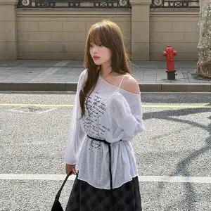 [빅사이즈]이블렛 파레프 레터링 시스루 오프숄더 티셔츠 제이스타일