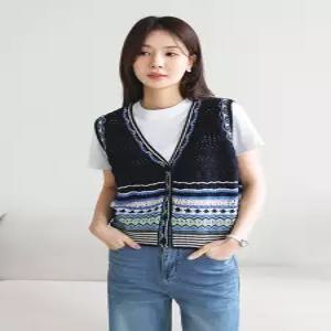 [WPBG]컬러풀 멀티 패턴 물결 스카시 브이넥 니트 베스트_3color