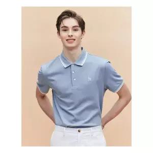 헤지스 남성 25SS AIRY TWILL 블루 더블 팁 배색 카라 티셔츠 HZTS5B437B1 471578
