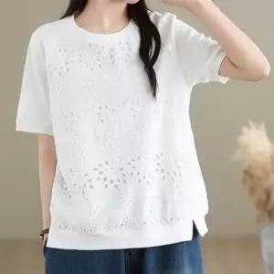 애슬릿 여성 반팔 티셔츠 펀칭 레이스 면 나그랑 여름 라운드