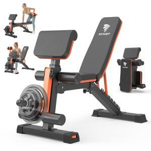 XCHIEF 조절 가능한 웨이트 벤치 - 전신 운동을 위한 1000LBS 용량의 헤비 듀티 접이식 운동 벤치, 평평한 / 경사면 하강, 홈 헬스장용 프레스, 설교자 패드 및 다리 확장 기능 포함