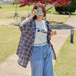 체크 후드 반팔 남방 오버핏 여성 빅사이즈