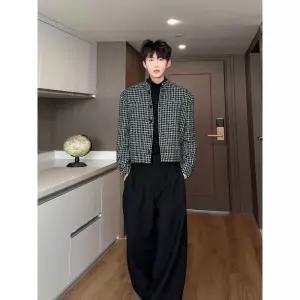 남성 트렌디 아이템 정장자켓 트위드 정장 코트 가을 오버사이즈 패드 재킷 숏 하운드투스 체크 상의 HT3