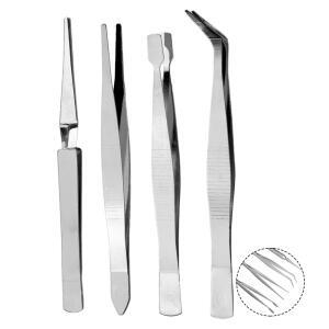 4PCS 정밀 핀셋 세트 두꺼운 스테인레스 스틸 드레싱 스트레이트 구부러진 클립 도구 전자 수리 납땜 공예