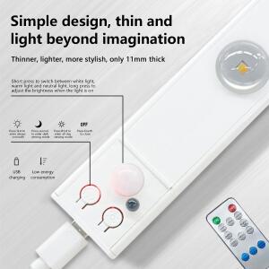 PIR 모션 센서가있는 캐비닛 조명 아래 디 밍이 가능한 주방 원격 제어 USB 충전식 야간 옷장 무선 램프