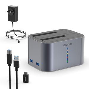 GODO 하드 드라이브 도크 USB TO USB3 알루미늄 III 듀얼 UASP 지원 SSD SATA 포트 베이 HDD 외장 스테이션 2X16TB II RGB 5인치 2개 도킹