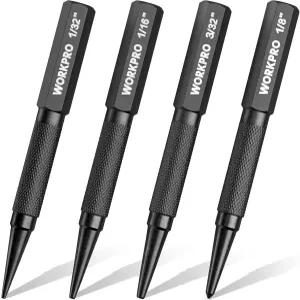 WorkPRO 4피스 네일 펀치 및 센터 세트 너울 그립이 있는 경화된 Cr-V 스틸 1/32인치 1/16인치 3/32인치