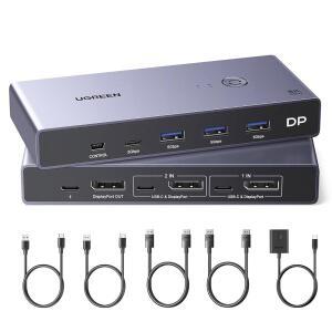 UGREEN 8K 디스플레이포트 KVM 스위치 2 in 1 출력 DP1.4, USB 3.0 포트 4개(USB-A 3개 + USB-C 1개) 지원 8K@60Hz 4K@240Hz 공유 1 모니터 키보드 마우스 U-디스크 프린터, DP 케이블 2개, USB A-C 케이블 2개 포함
