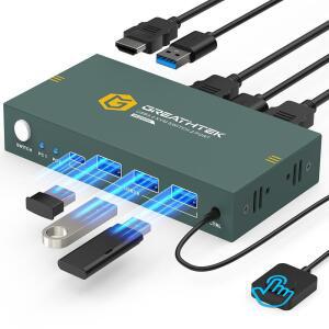 USB3.0 KVM 스위치 2 포트 HDMI, 4K@60Hz KVM 스위치 1 모니터, USB3.0 포트 3개 포함 컴퓨터 2대, HDMI KVM 스위치 2대, 모니터 1대와 USB 장치 공유, 지원 버튼 스위치, EDID