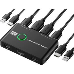 4K KVM 스위치 HDMI 2 포트 박스, 2대의 컴퓨터용 USB HDMI KVM 스위치 키보드 마우스 프린터와 HD 모니터 1대 공유, UHD 4K@60Hz 지원, USB 케이블 2개 및 HDMI 케이블 2개 포함