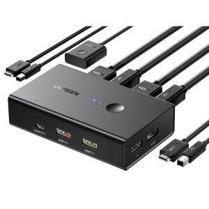 UGREEN HDMI KVM 스위치 1 모니터 2 컴퓨터, 4개의 USB 포트 4K@60Hz KVM 스위치로 HDMI 케이블 2개, USB 케이블 2개, 데스크탑 컨트롤러 1개를 공유할 수 있습니다