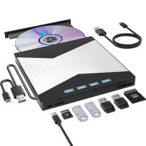 노트북용 Wbacon 외장 CD/DVD 드라이브, 노트북용 DVD 플레이어, USB 포트 4개와 TF/SD 카드 슬롯 2개를 갖춘 8인치 초슬림 CD 버너, 데스크탑 Mac Windows와 호환되는 외장 디스크 드라이브 광학 장치