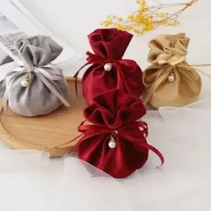 진주 장식 벨벳 복주머니 레드 15X 14cm 선물용 파우치 주얼리 소품 소품주머니 벨벳주머니