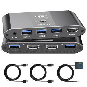 4K@60Hz HDMI Kvm 스위치 1 모니터 2대, USB 3.0 포트 3개로 USB 장치 공유, 유선 리모컨 및 버튼 제어 지원, EDID 호환, 노트북/데스크탑에 적합