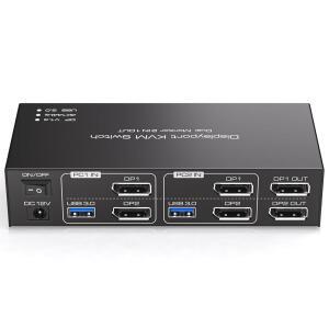 디스플레이포트 KVM 스위치 2 모니터 컴퓨터 2대용 4K@144Hz USB3.0 KVM 스위치 2대, 듀얼 디스플레이 공유 및 데스크톱 컨트롤러를 통한 확장/복사 모드 지원 4대