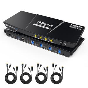 TESmart USB 3.0 HDMI KVM 스위치 1 모니터 4대 컴퓨터 4K@60Hz, L /R 오디오 및 마이크, 포트 EDID 에뮬레이터 4대, 핫키 스위칭, 리모컨 스위치 및 모든 입력 케이블을 사용한 버튼 스위칭