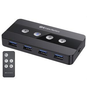 케이블 매터스 4 포트 USB 3.0 스위치 USB 공유 스위치 4 컴퓨터 및 USBA 주변기기 - 버튼 또는 무선 리모컨 전환 - USBC USB4 및 Thunderbolt 4용 USBC 어댑터 포함
