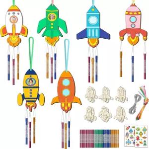 용 TREACLUB 12PCS 로켓 윈드 차임 키트 나만의 공간 나무 바람 DIY 색칠 공예 남자 여학교 활동 파티