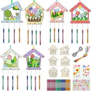 를 위한 12PCS 새집 바람 차임 키트 나만의 속이 빈 DIY 색칠 목공예 봄 나무 예술 및 공예 남자 여학교
