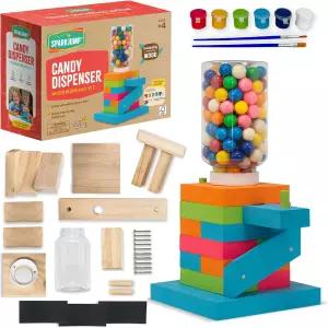 스파크점프 캔디 디스펜서 목공 키트 - FSC 인증 목재 페인트 및 도구 소년 소녀용 DIY 검볼 기계 공예로