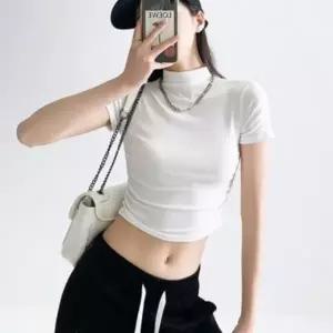 모던웨어 골지 셔링 슬림 크롭 반팔티
