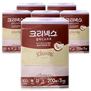 크리넥스 클래식 소프트 200매 3개입 x6개-1box 무향 미용티슈 각티슈