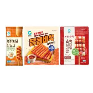 청정원 달콤바삭쌀떡꼬치 380g +오리지널 핫도그 375g + 소시지랑떡이랑440g(100g*4,소스4입) 각1개 (총3개)