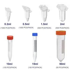플라스틱 원심분리 튜브 PCR 튜브 샘플 랩 용기 0.2ml 0.5ml 1.5ml 2ml 10ml 15ml 50ml 스냅 캡스크류 캡