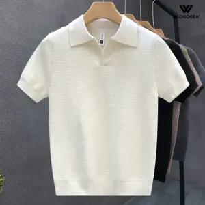 남자 오픈카라 카라티 여름 반팔 니트 브이넥 출근룩 기본티 WI075T