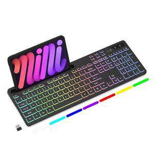 7색 RGB 백라이트가 장착된 소에토 무선 키보드, 휴대폰 태블릿 홀더가 풀사이즈 컴퓨터 라이트 업 키가 2.4G 충전식 게이밍 Mac, Windows(블랙)와 호환 가능