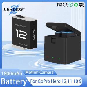 고프로 히어로 12 11 10 9 모션 카메라용 배터리 1800mAh 충전식 3 슬롯 LED 라이트 충전기 보관함 정리함