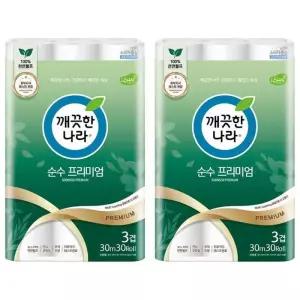 깨끗한나라 순수 프리미엄 화장지 30롤 3겹 30m, 2팩