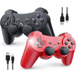 OKHAHA 소니 플레이스테이션 3용 PS3 무선 PS3용 2팩, 컨트롤러용 쇼크 리모컨 센서, 컨트롤러 없음(블랙 충전식, 3, 블루투스, + 더블 모션 (스트라이프 레드))