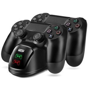 TNP PS4 컨트롤러 충전 스테이션 도크 거치대 게임용 PS-4 게임패드 슬림 포함 포트 베이스, 스탠드 표시기 충전기 및 프로 USB 무선 소니 듀얼쇼크 컨트롤 (블랙) LED 케이블 듀얼