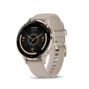 Garmin Venu 3S 소프트 골드 스테인리스 스틸 베젤 1.2인치 AMOLED 터치스크린 디스플레이 스마트 워치, 41mm 프렌치 그레이 케이스 및 실리콘 밴드로 휴대폰 지원