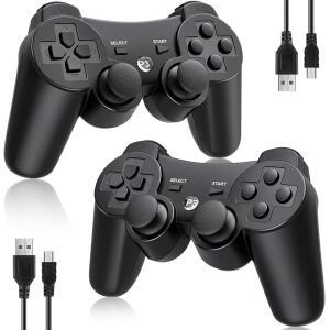 소니 플레이스테이션 3용 PS3 무선 컨트롤러용 모션 더블 + 2팩, 3, 블루투스, 쇼크 리모컨(줄무늬 없음(블랙 센서, 블랙) 충전식, PS3용 OKHAHAHA 컨트롤러