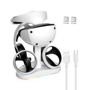 CHARM FOCUS PSVR 2용 충전 스테이션, RGB 모드 플레이스테이션 수직 있는 디스플레이 PSVR2 표시등이 듀얼 9가지 헤드셋 조명 도크, 스탠드, 컨트롤러 VR2 LED