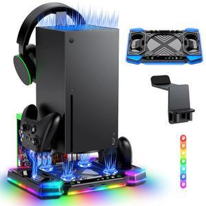 MENEEA XBOX 시리즈 X용 업그레이드된 RGB 모드 냉각 액세서리, 헤드셋 팬 콘솔용 시스템 스탠드, 조명 쿨러 포함: 도크 충전기 X 11가지 컨트롤러 듀얼 및 충전 포함 스테이션, 후크