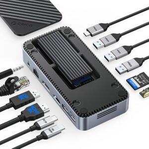 ORICO 12-in-1 USB C 허브(M.2 SSD 인클로저 포함) 10Gbps, 내장 팬, HDMI, DP, 기가비트 이더넷, 100W PD, SD /TF, 오디오 /Mic, USB A 및 타입 C가 포함된 노트북 Mac-M2P11