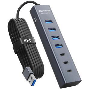 데스크탑용 4피트 7포트 USB 허브 3.0, USB-A 4개 및 USB-C 3개 포트 알루미늄 5Gbps USB 익스텐더 허브, USB 스플리터, 데스크탑용 USB 허브 롱 케이블, PC, 플래시 드라이브, 모바일 HDD SSD, Windows /XPS