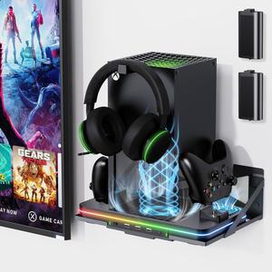 XBOX 시리즈 X /S용 냉각 팬 포트 있는 스테이션, 충전기 2개, 헤드셋 액세서리용 1100MAH 듀얼 콘솔 컨트롤러 3개, 수직 벽 USB 마운트, 배터리 충전 충전식 스탠드가 스탠드