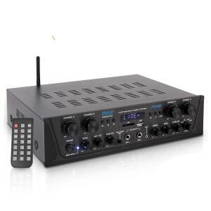 PYLE 블루투스가 있는 500W 노래방 앰프 MIC2 에코 출력 토크 스테레오 서브 MIC1 마이크 SD 오버가 가정 AUX IN 전면 USB VOL MMC 4채널 패널 OUT REC 상업용 PTA44BT
